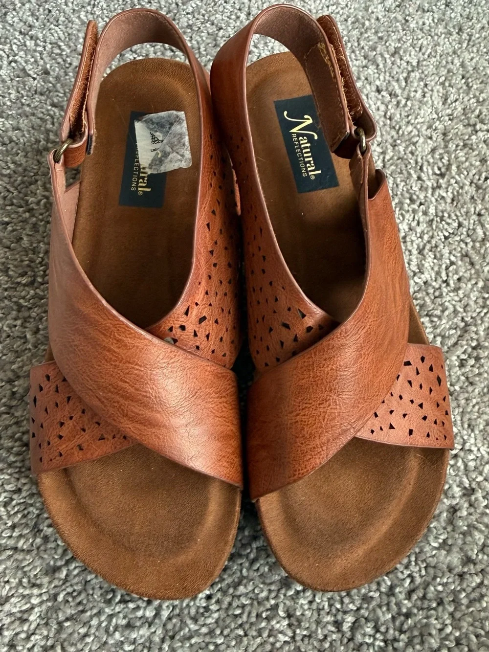 Natural Reflections Warm Tan Leather Perforated Cross-Strap Slingback Sandals
